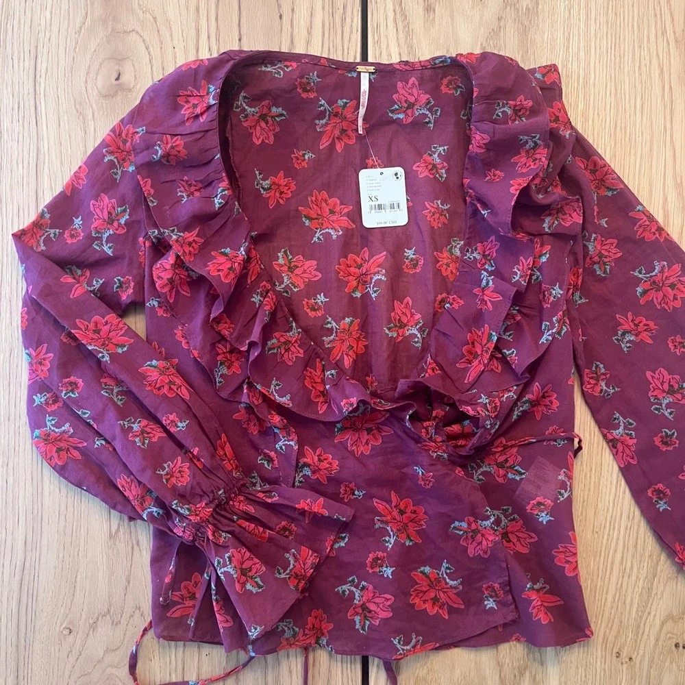 Free‎ People Amanda Floral Ruffle Wrap Blouse Long Sleeve Top XS Purple/Pink